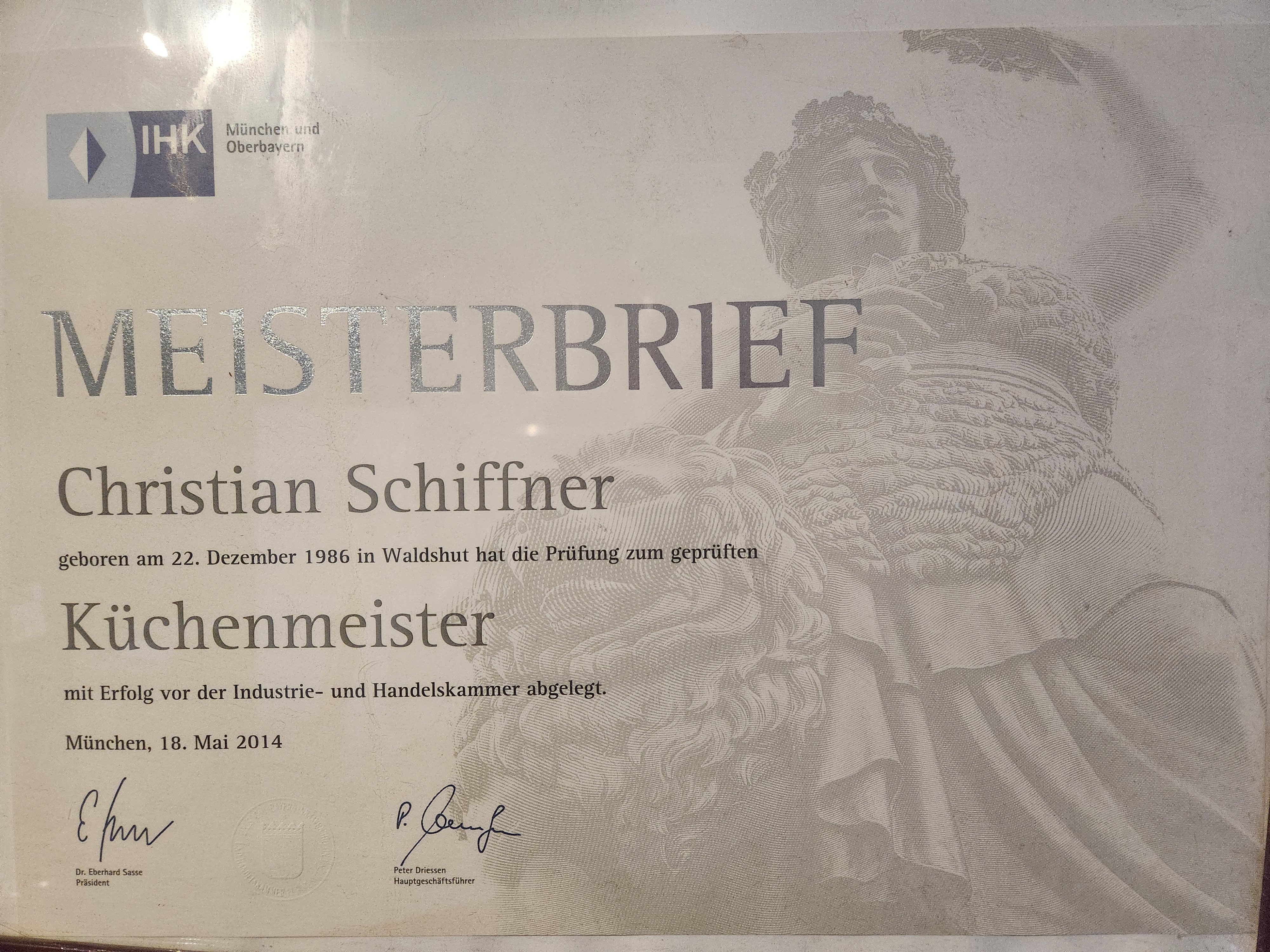 Christian Schiffner's Meisterbrief — German Master Chef (Kuchenmeister) certification from IHK Munich, 2014