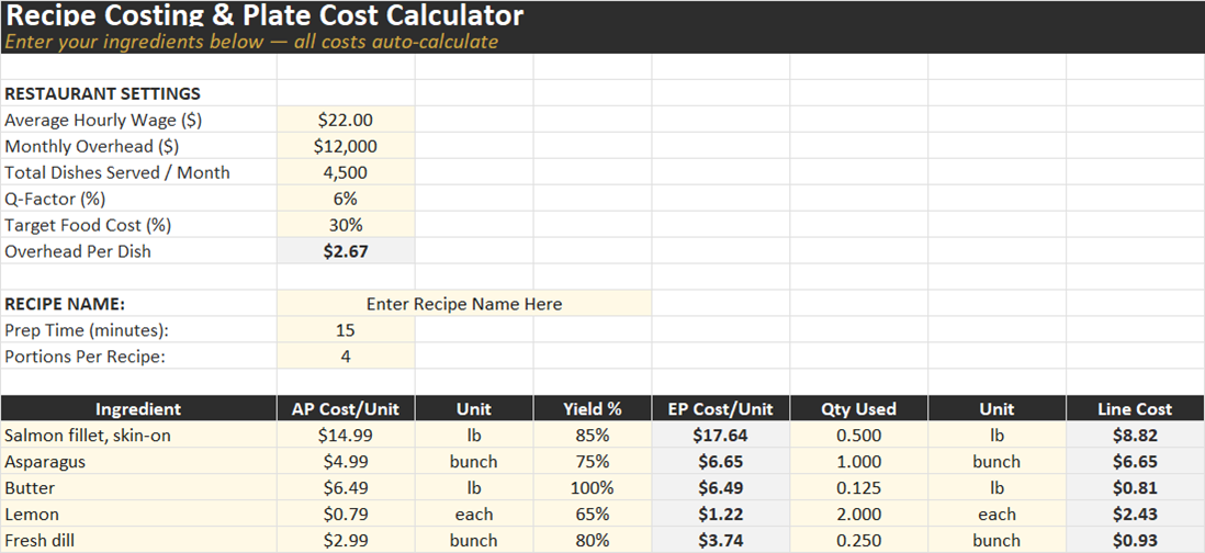 Recipe Costing & Plate Cost spreadsheet preview